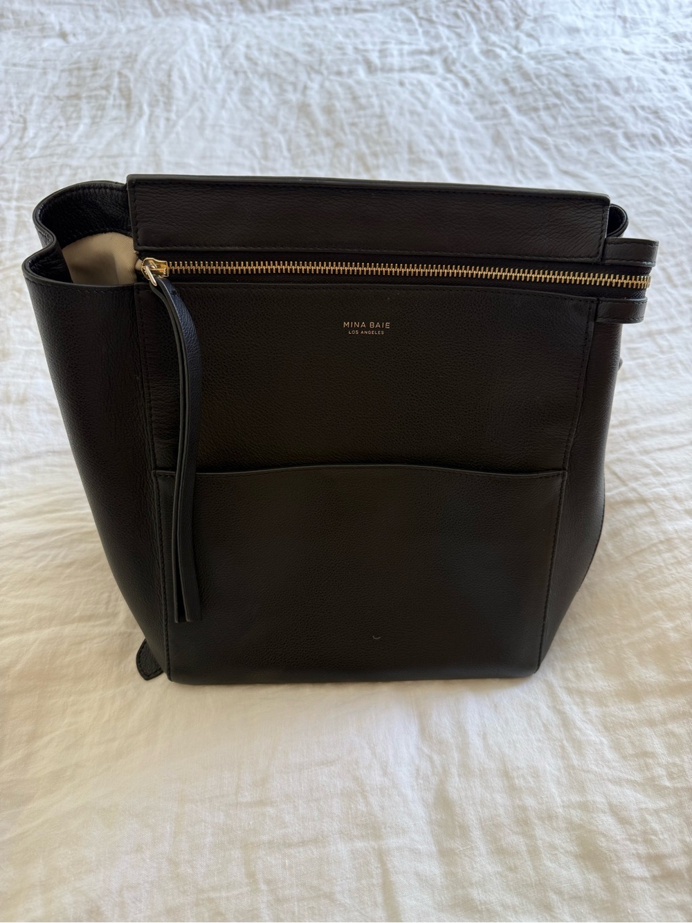 Mina Bae Black Leather Baby Bag backpack Harper-Sleek Everyday Organizer